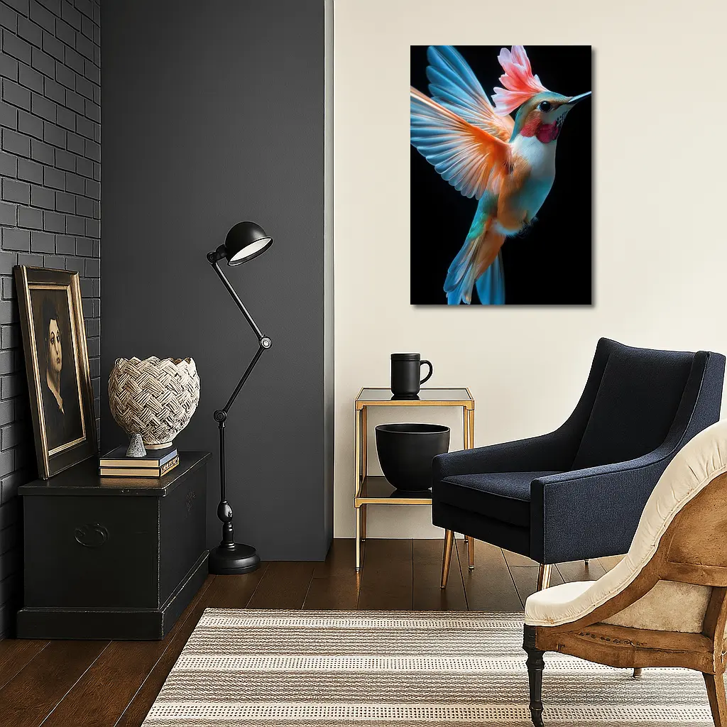 Colorful Hummingbird Flying on Black Background – Wall Art
