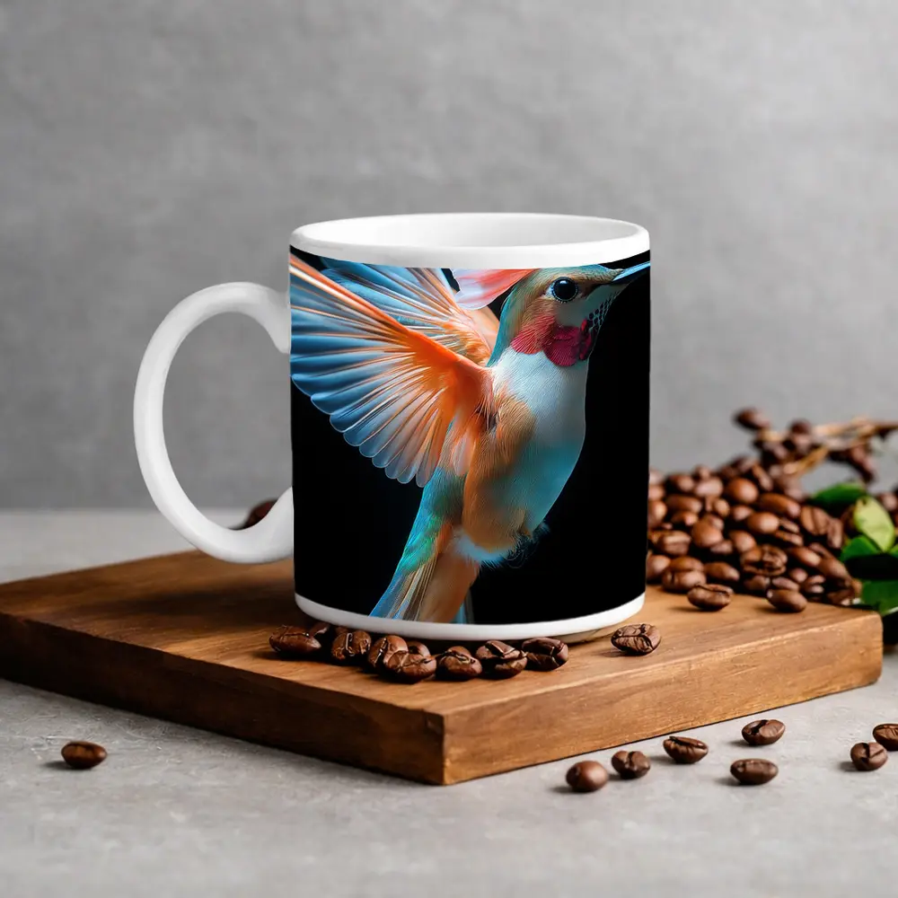 Colorful Hummingbird Flying on Black Background – Mugs