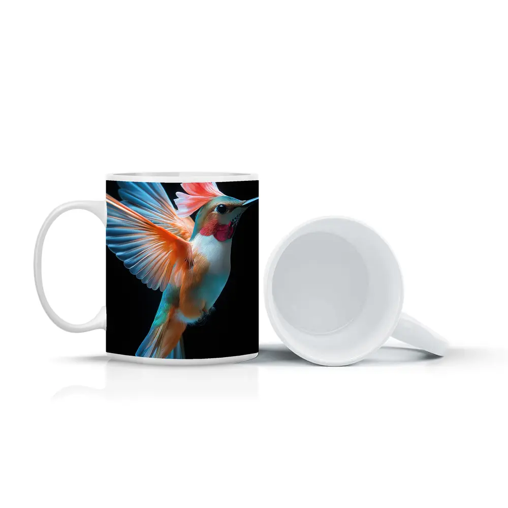 Colorful Hummingbird Flying on Black Background – Mugs