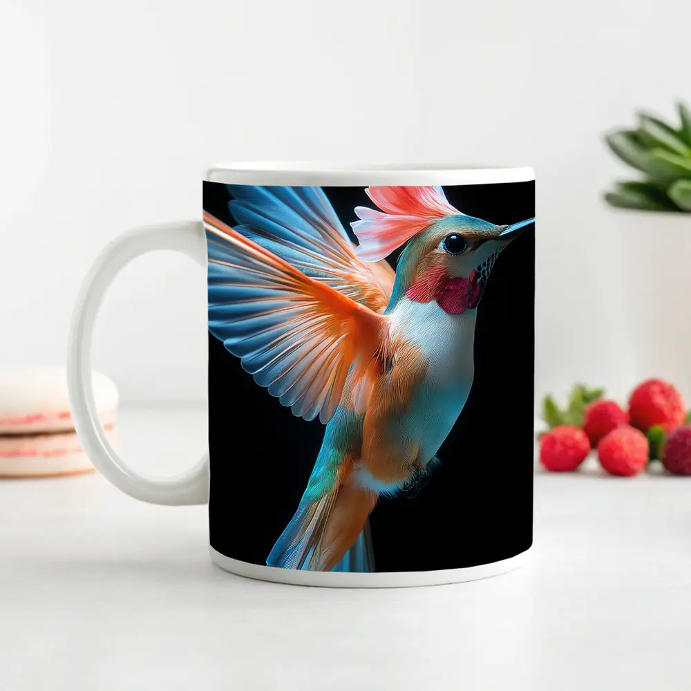 Colorful Hummingbird Flying on Black Background – Mugs