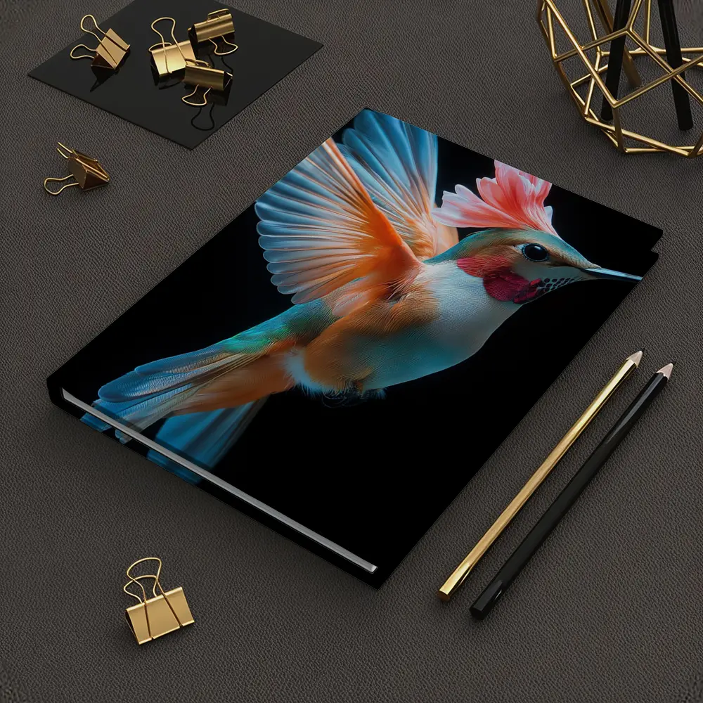 Colorful Hummingbird Flying on Black Background – Notebooks