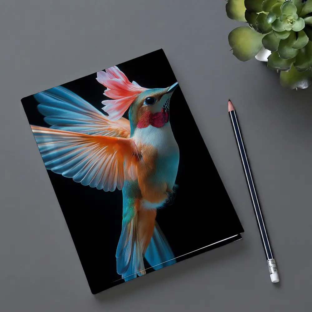 Colorful Hummingbird Flying on Black Background – Notebooks