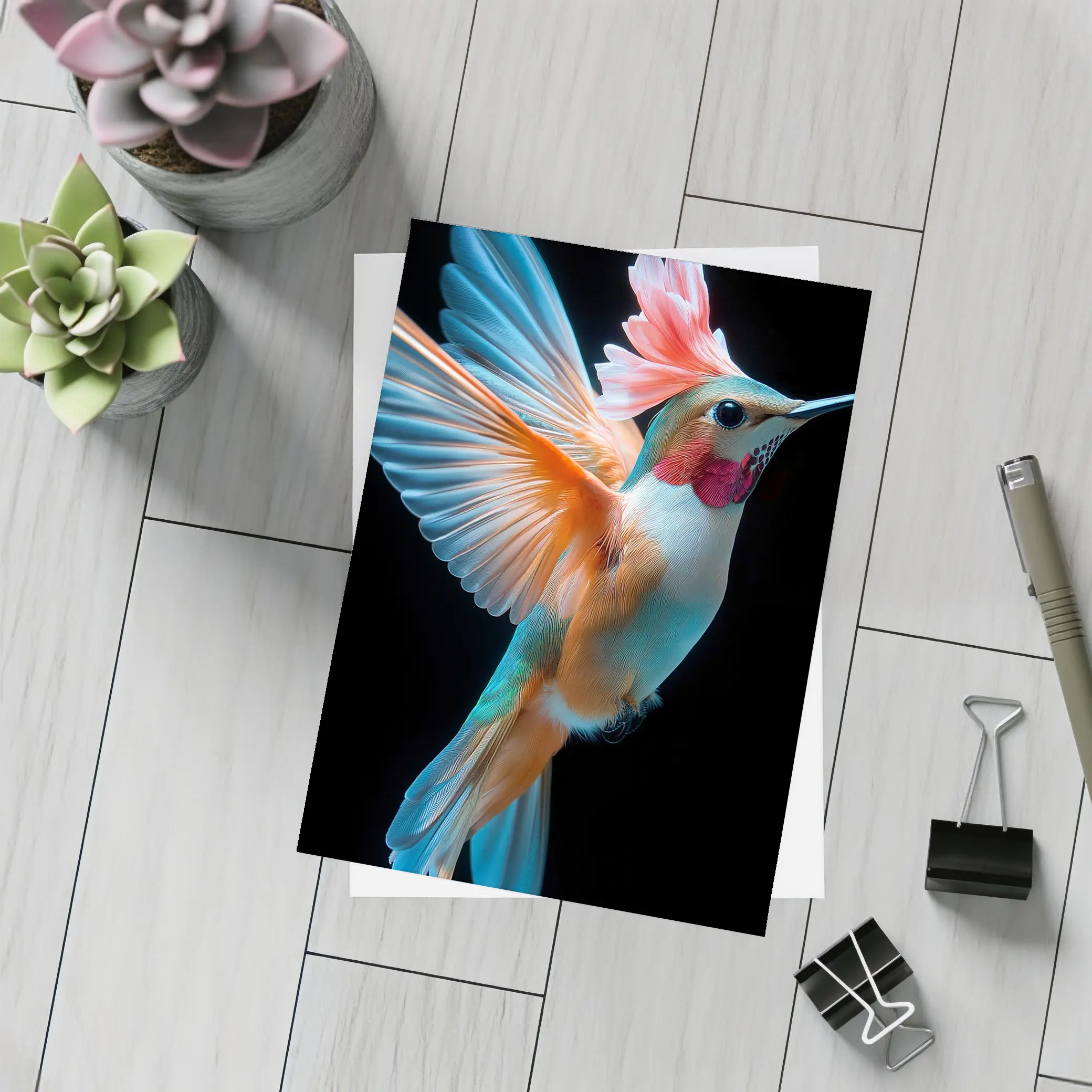 Colorful Hummingbird Flying on Black Background – Postcards