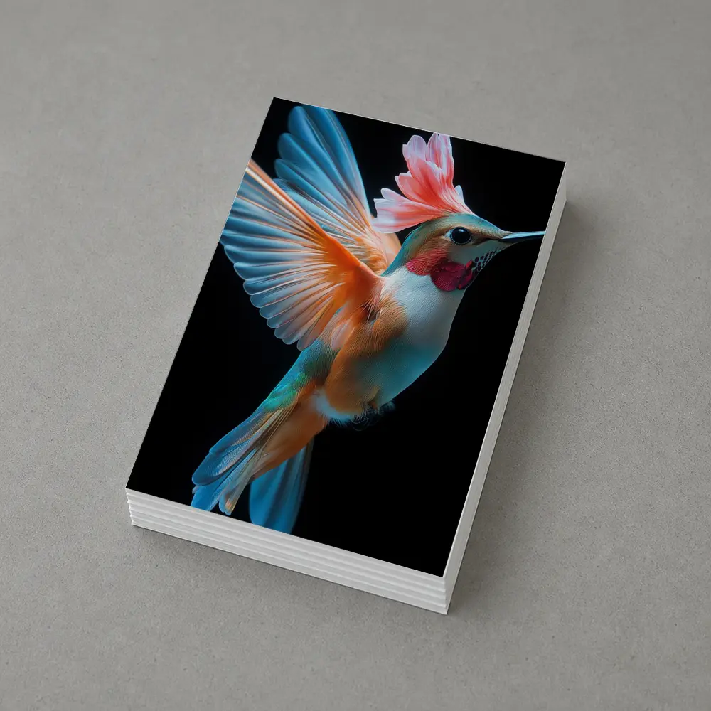 Colorful Hummingbird Flying on Black Background – Postcards