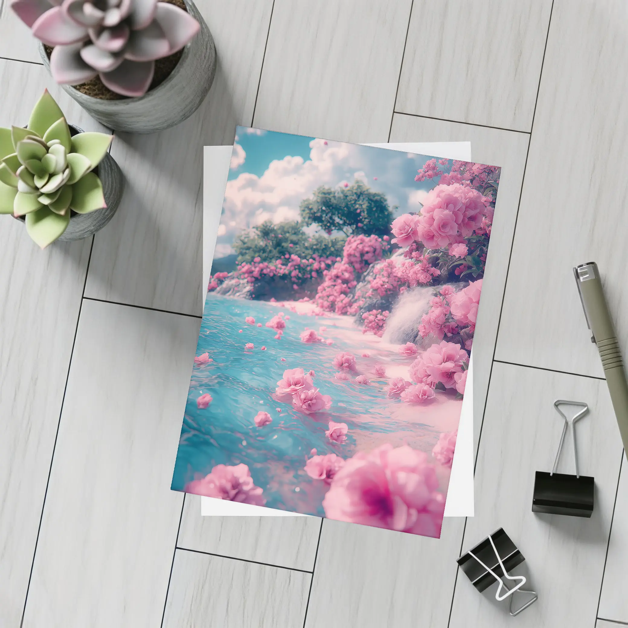 Pink Roses Floating on Turquoise Water – Postcards