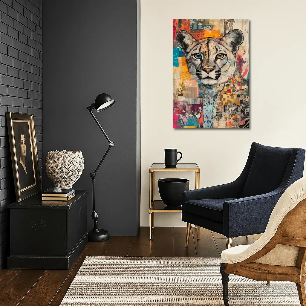 Cougar Portrait Colorful Collage Street Art – Wall Art