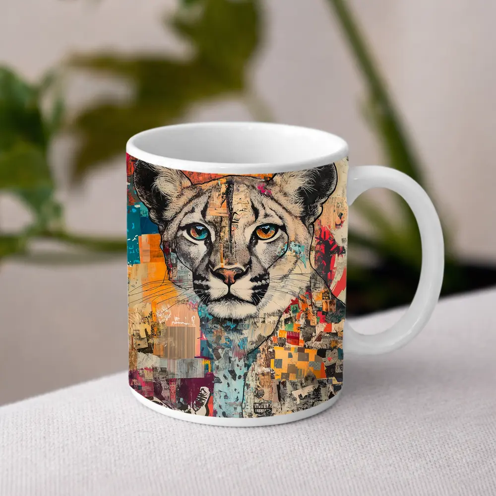 Cougar Portrait Colorful Collage Street Art – Mugs