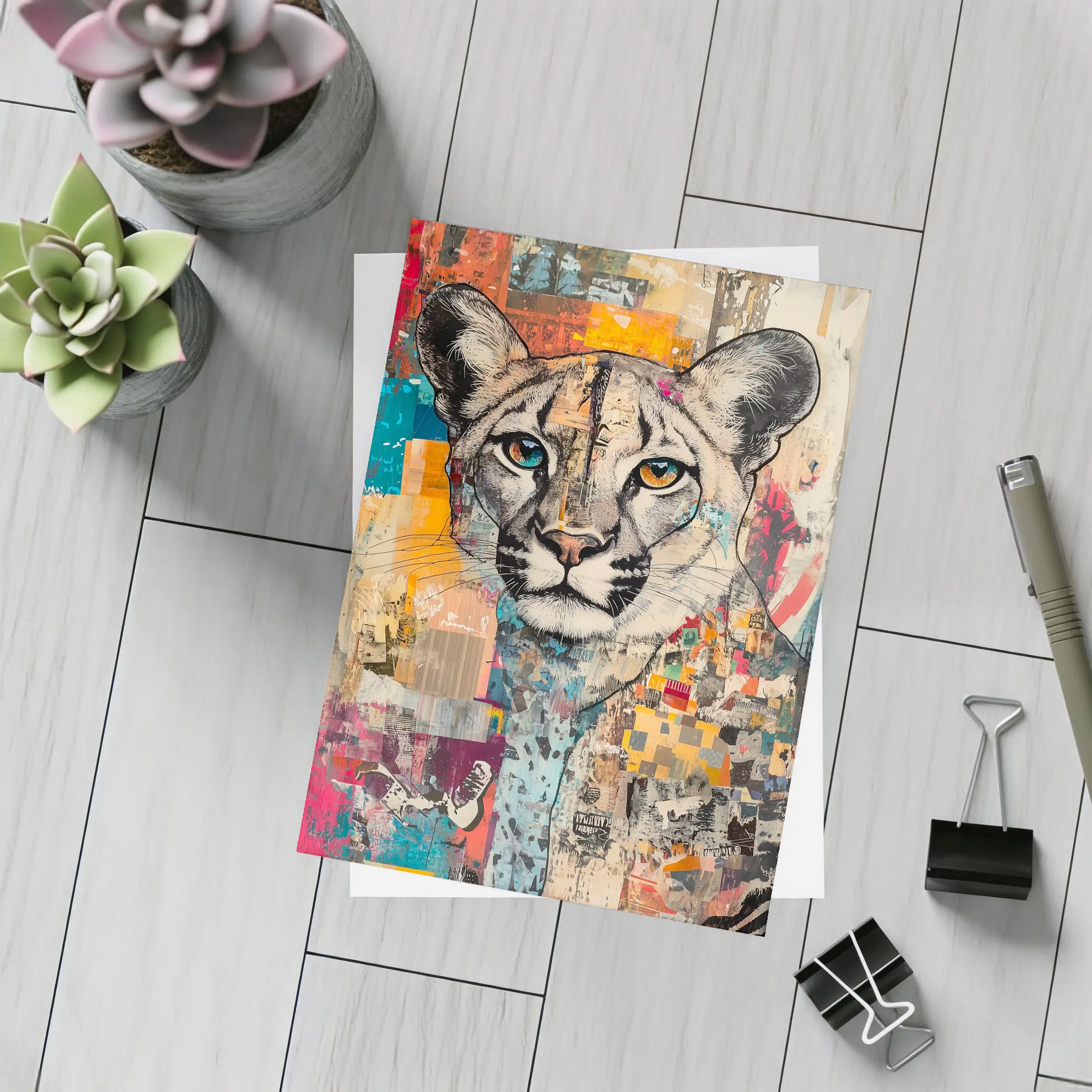 Cougar Portrait Colorful Collage Street Art – Postcards
