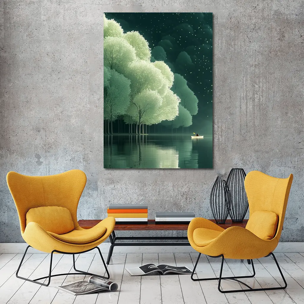 Lone Boat on Misty Forest Lake Night – Wall Art