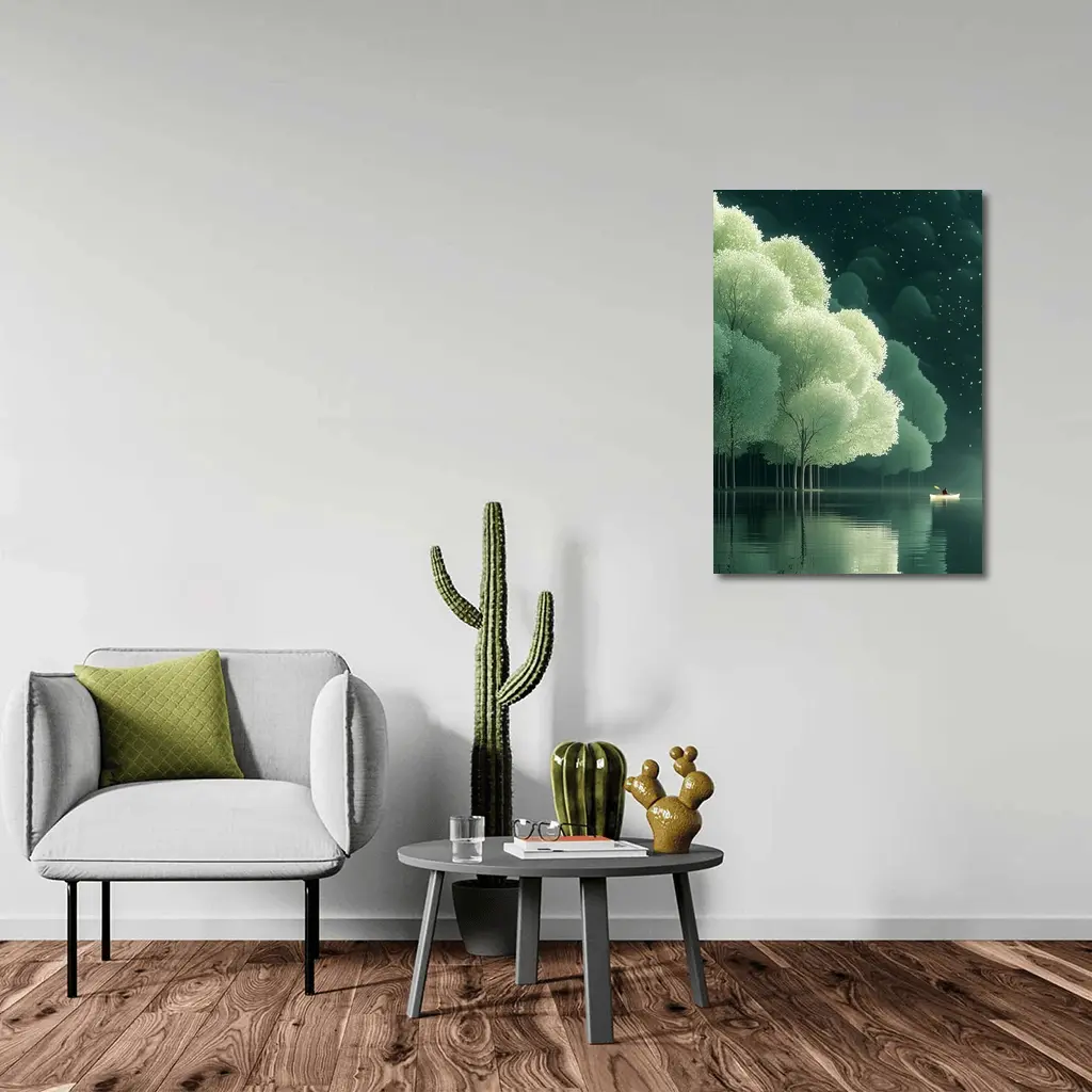 Lone Boat on Misty Forest Lake Night – Wall Art