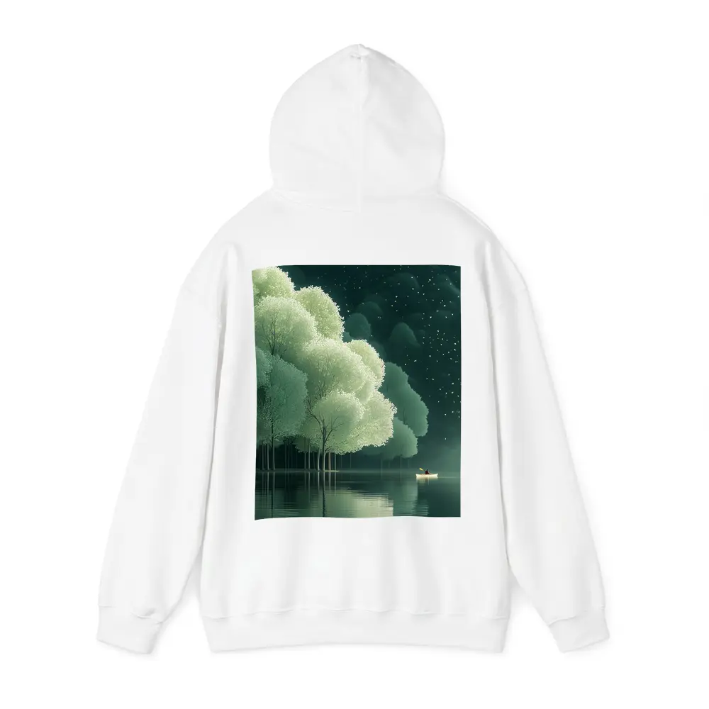 Lone Boat on Misty Forest Lake Night – Hoodies
