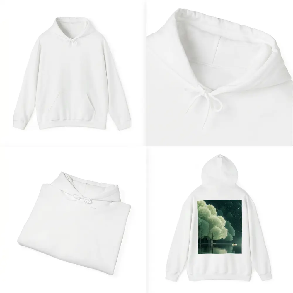 Lone Boat on Misty Forest Lake Night – Hoodies