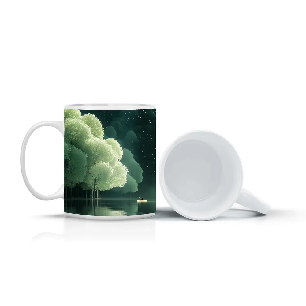 Lone Boat on Misty Forest Lake Night – Mugs