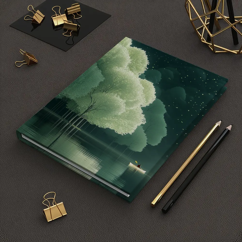 Lone Boat on Misty Forest Lake Night – Notebooks