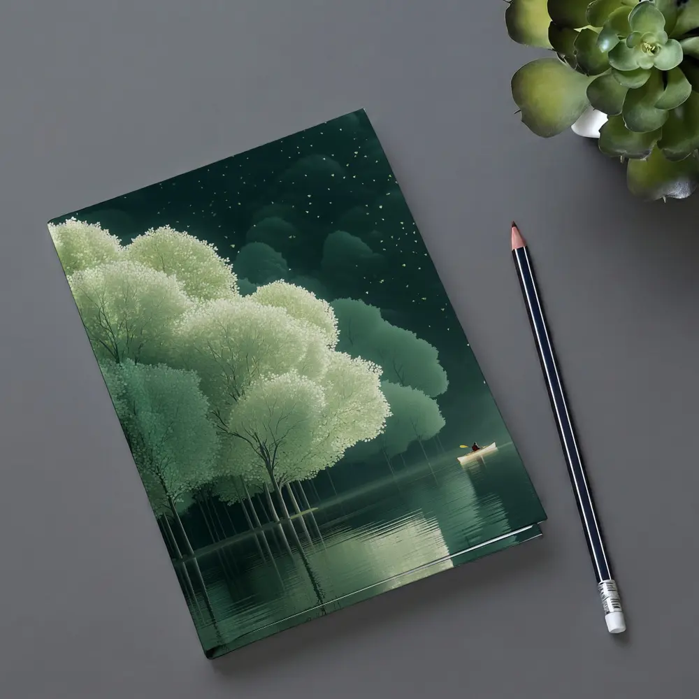 Lone Boat on Misty Forest Lake Night – Notebooks