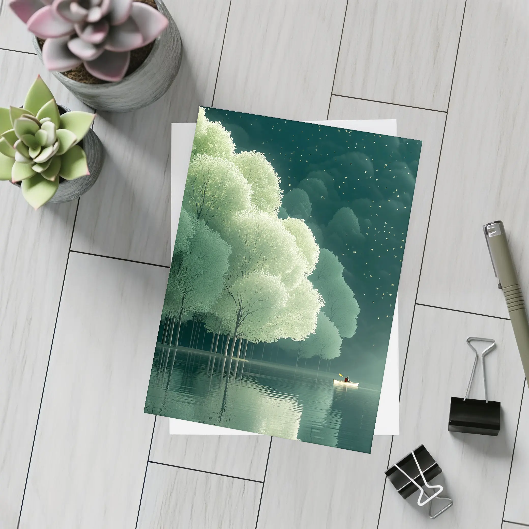 Lone Boat on Misty Forest Lake Night – Postcards