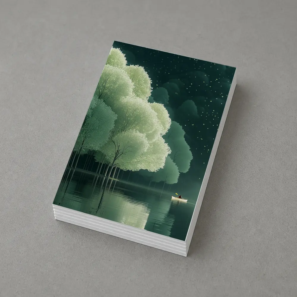 Lone Boat on Misty Forest Lake Night – Postcards