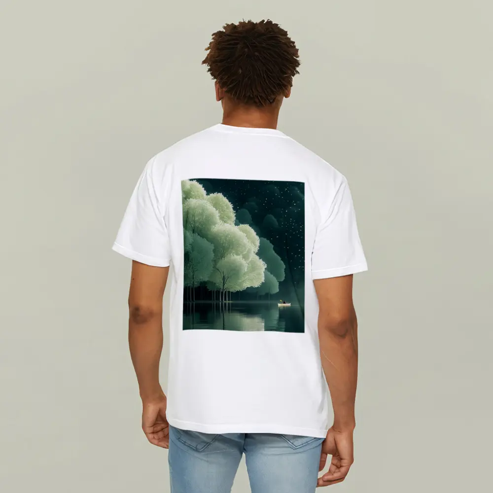 Lone Boat on Misty Forest Lake Night – T-Shirts