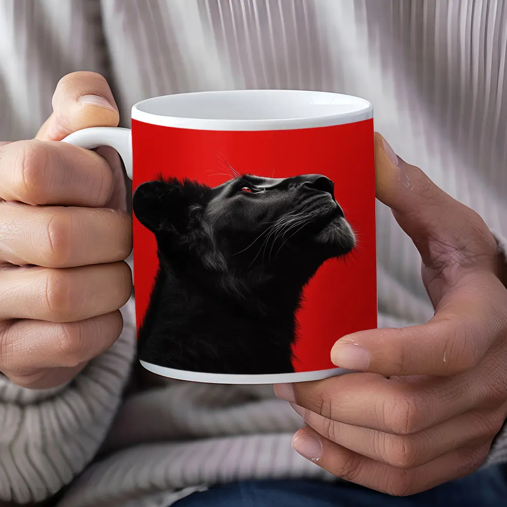 Black Panther Portrait On Red Background – Mugs