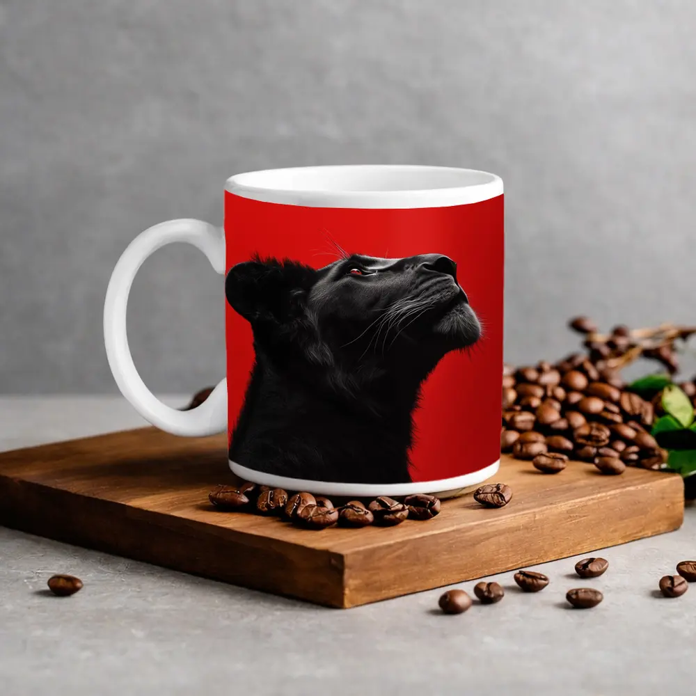 Black Panther Portrait On Red Background – Mugs