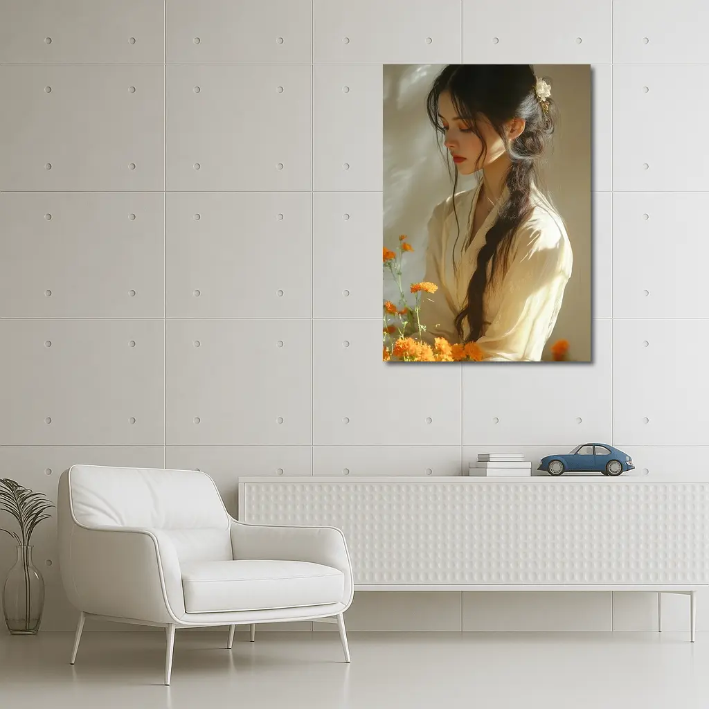 Asian Woman Marigold Flowers Soft Beige Background – Wall Art