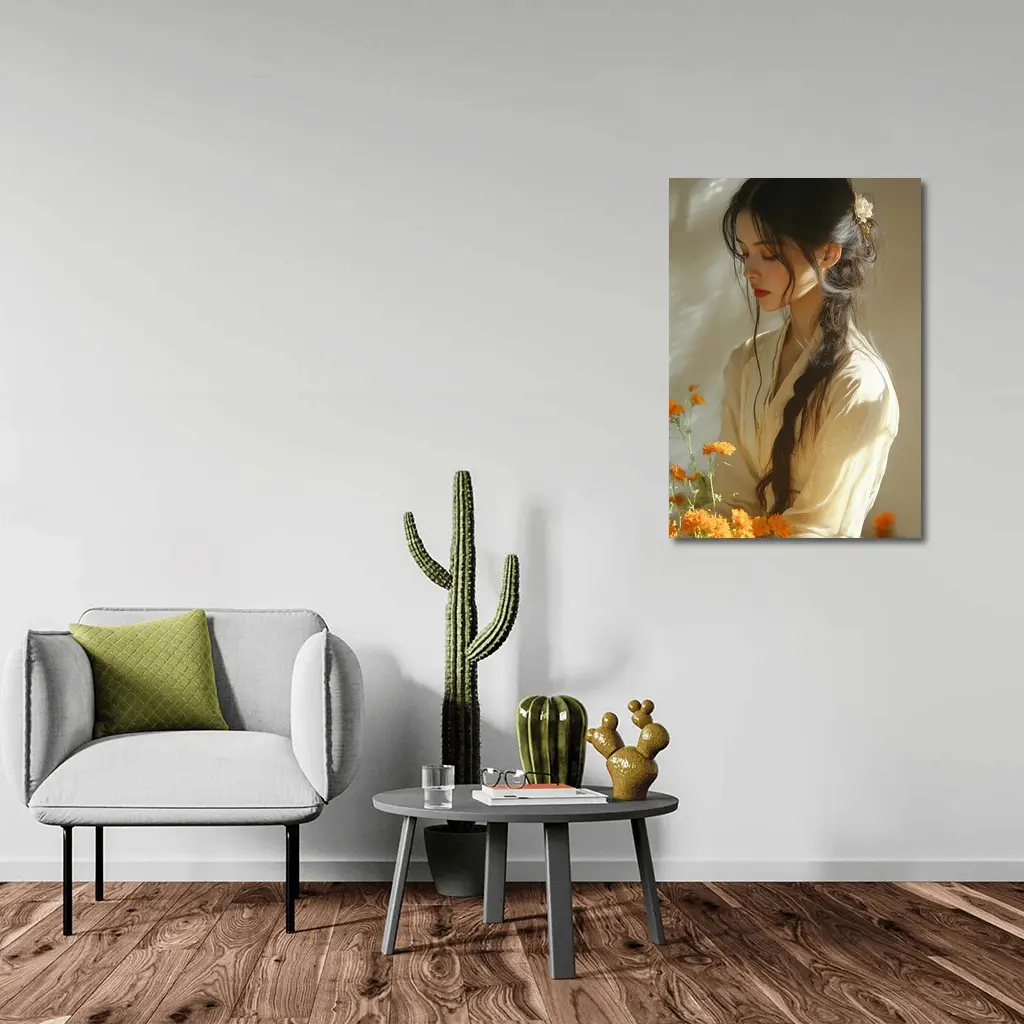Asian Woman Marigold Flowers Soft Beige Background – Wall Art