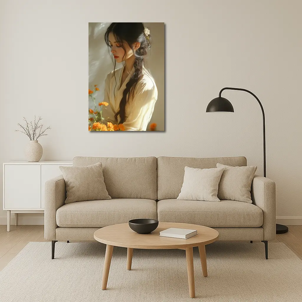 Asian Woman Marigold Flowers Soft Beige Background – Wall Art