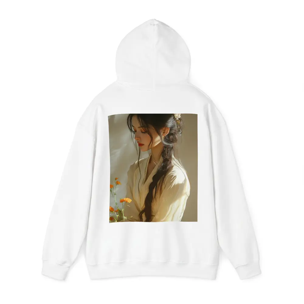 Asian Woman Marigold Flowers Soft Beige Background – Hoodies