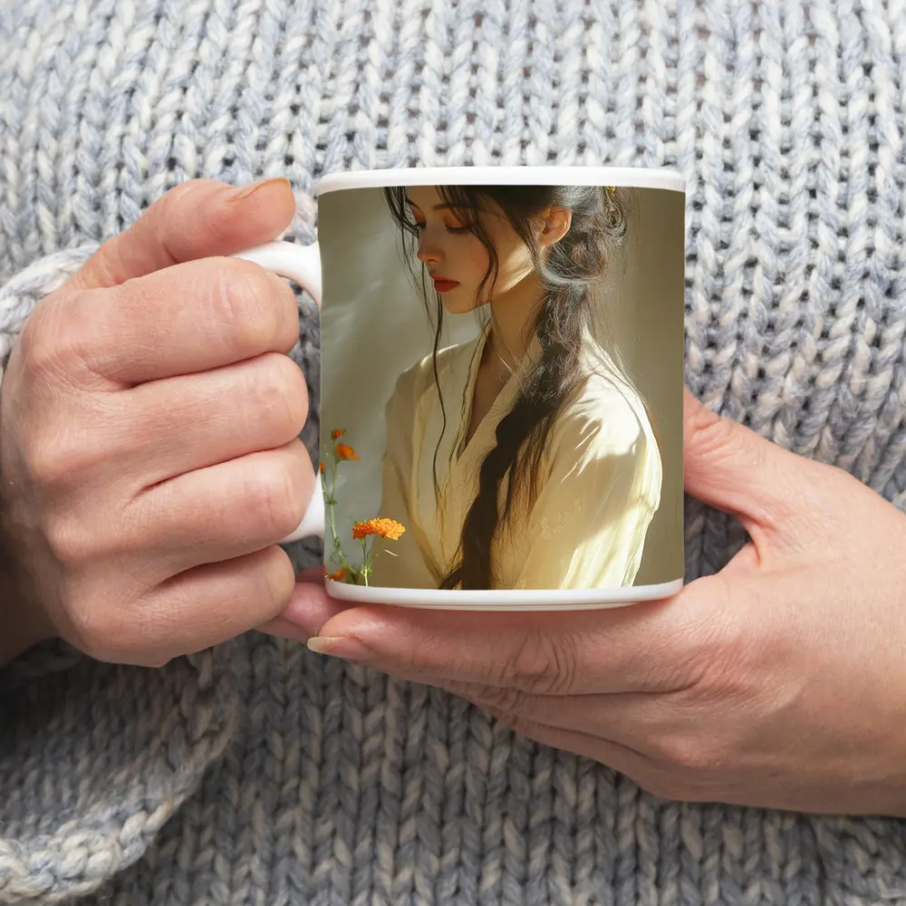 Asian Woman Marigold Flowers Soft Beige Background – Mugs