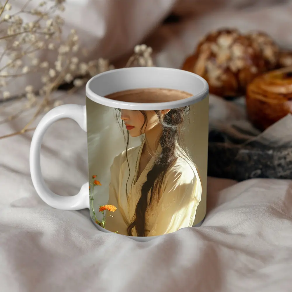 Asian Woman Marigold Flowers Soft Beige Background – Mugs