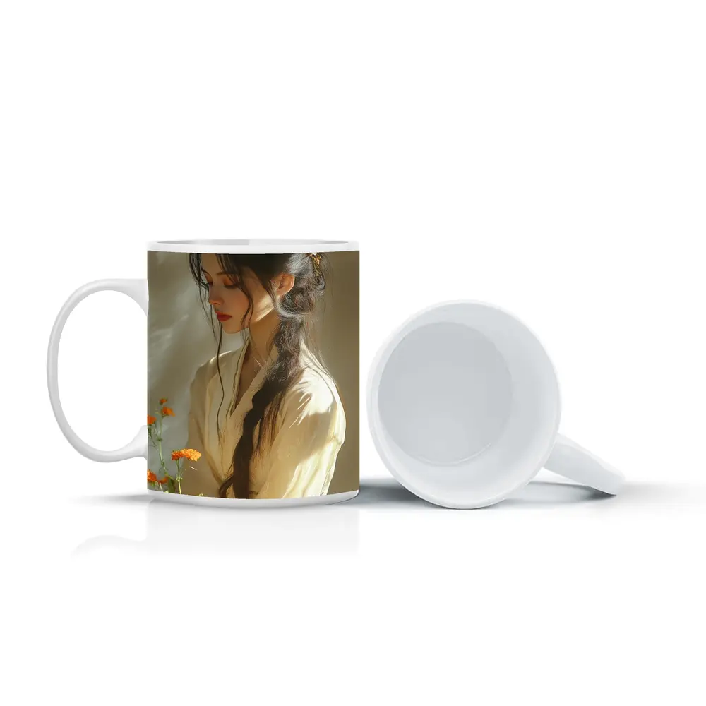 Asian Woman Marigold Flowers Soft Beige Background – Mugs