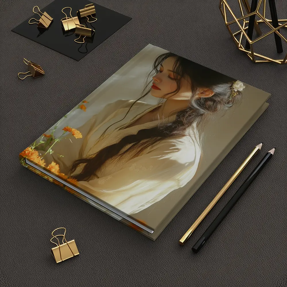 Asian Woman Marigold Flowers Soft Beige Background – Notebooks