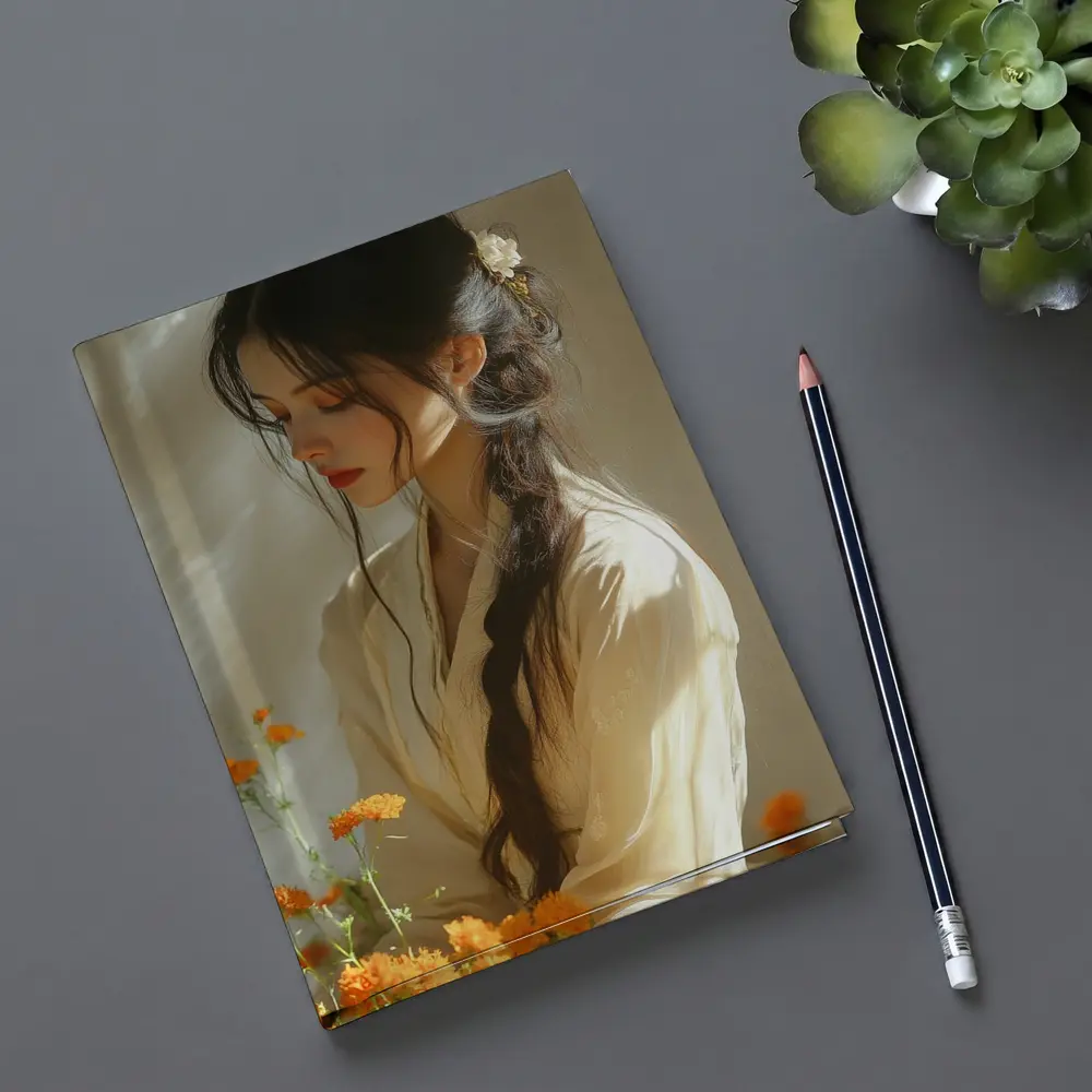 Asian Woman Marigold Flowers Soft Beige Background – Notebooks