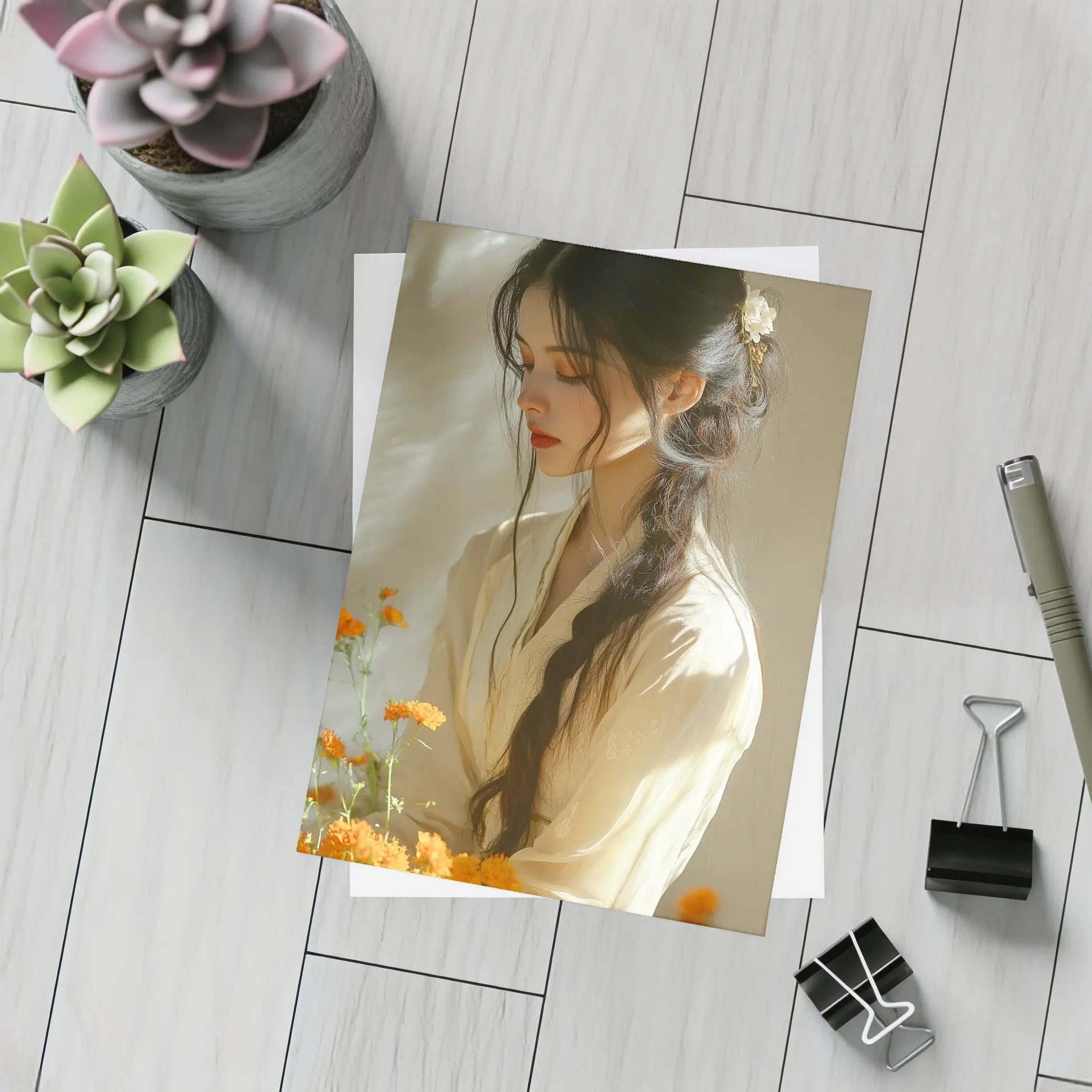 Asian Woman Marigold Flowers Soft Beige Background – Postcards