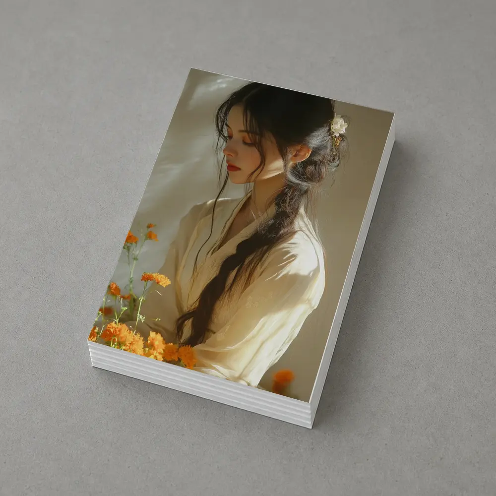 Asian Woman Marigold Flowers Soft Beige Background – Postcards