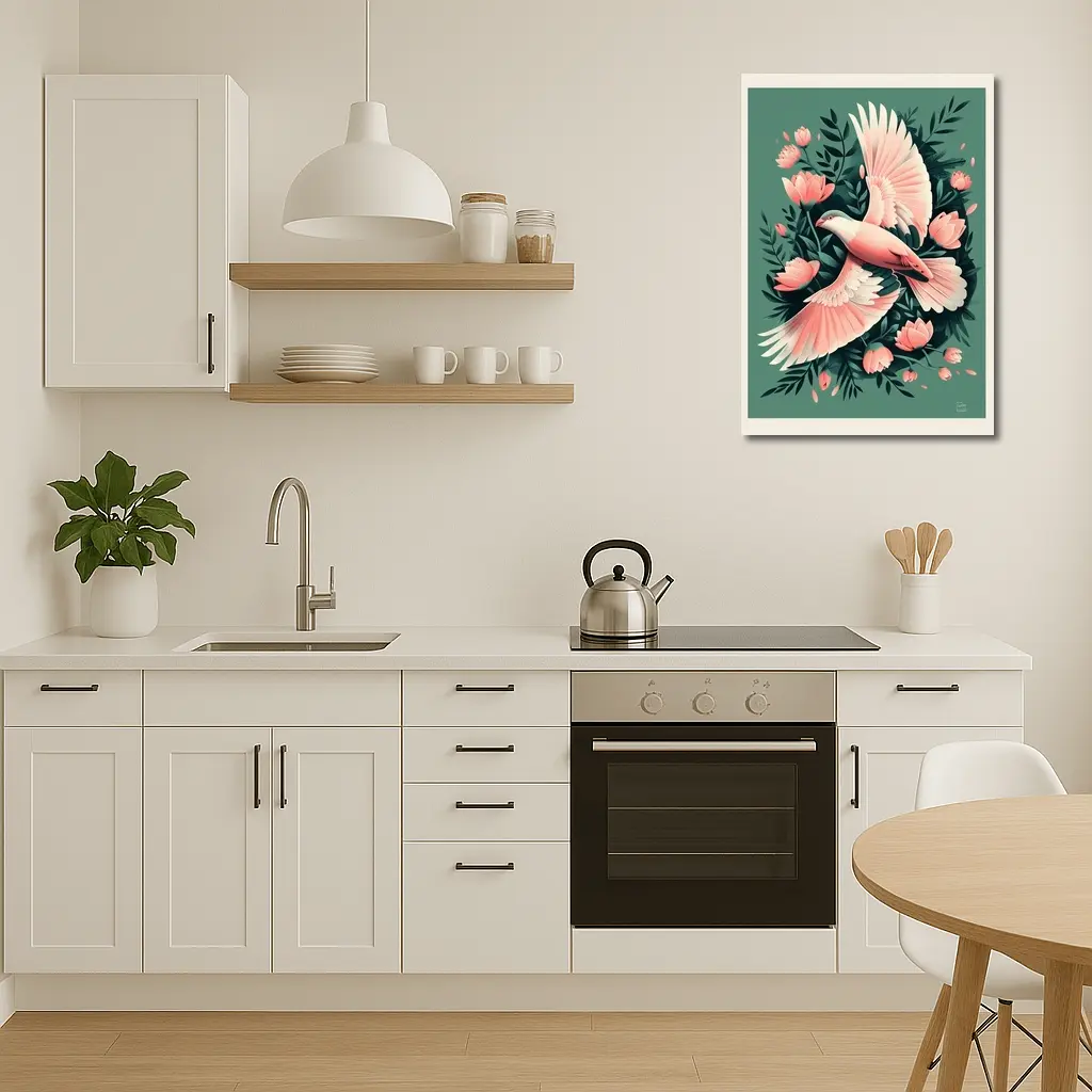 Pink Dove Flying Among Coral Flowers – Wall Art