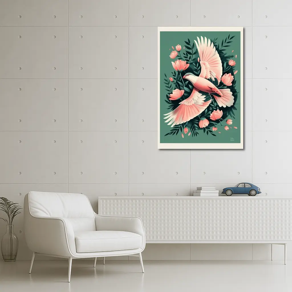 Pink Dove Flying Among Coral Flowers – Wall Art