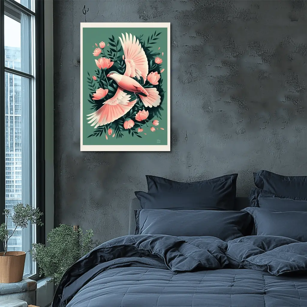 Pink Dove Flying Among Coral Flowers – Wall Art