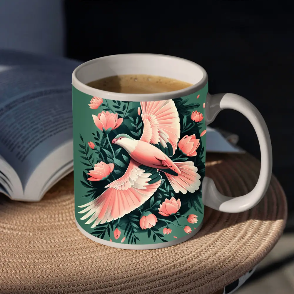 Pink Dove Flying Among Coral Flowers – Mugs