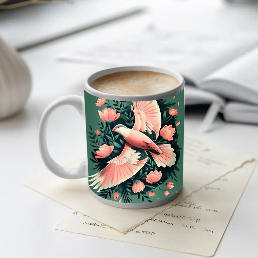 Pink Dove Flying Among Coral Flowers – Mugs