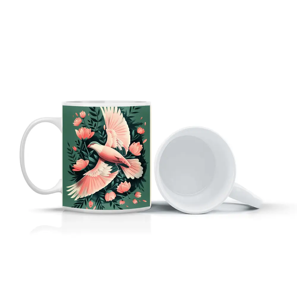 Pink Dove Flying Among Coral Flowers – Mugs