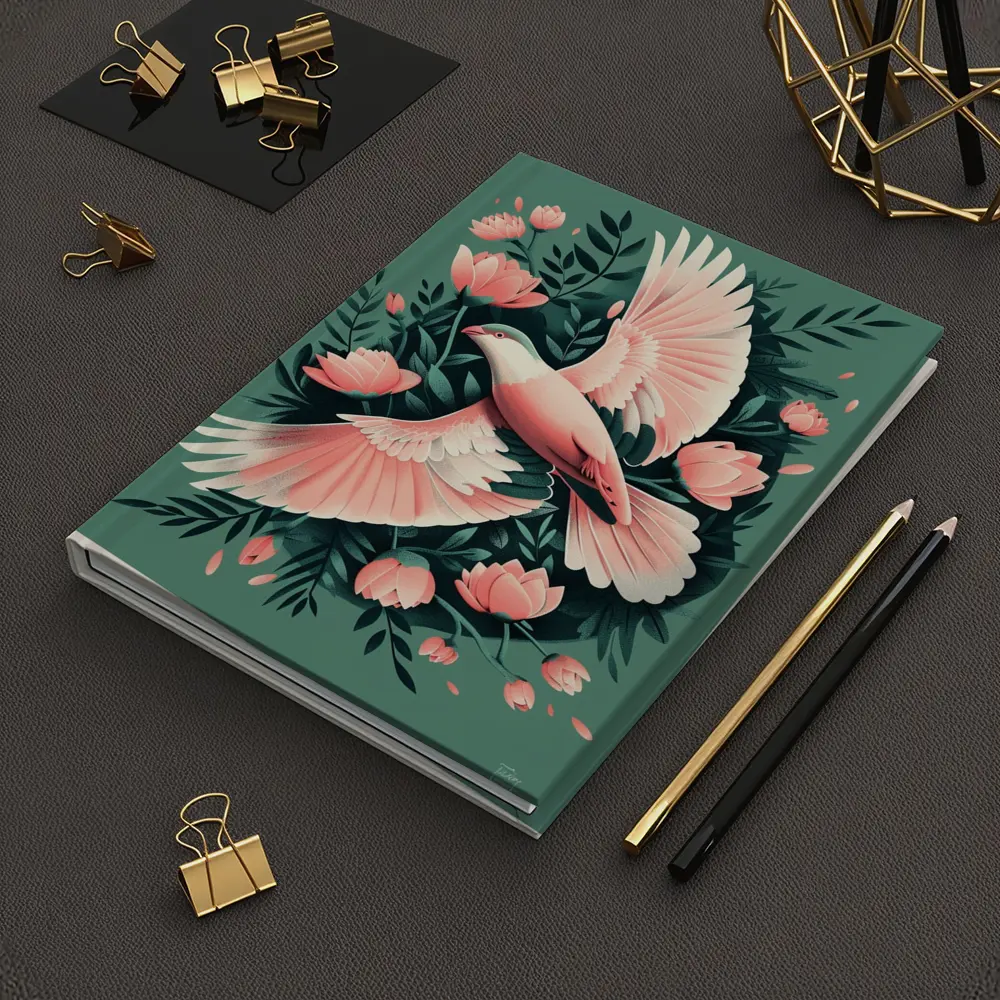 Pink Dove Flying Among Coral Flowers – Notebooks