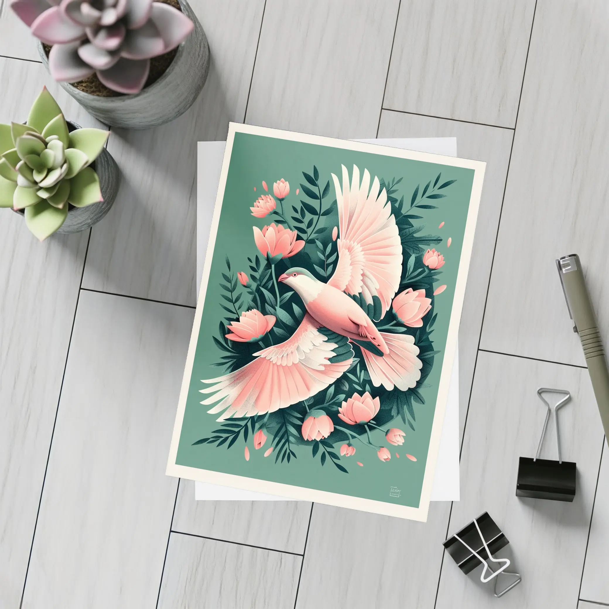 Pink Dove Flying Among Coral Flowers – Postcards