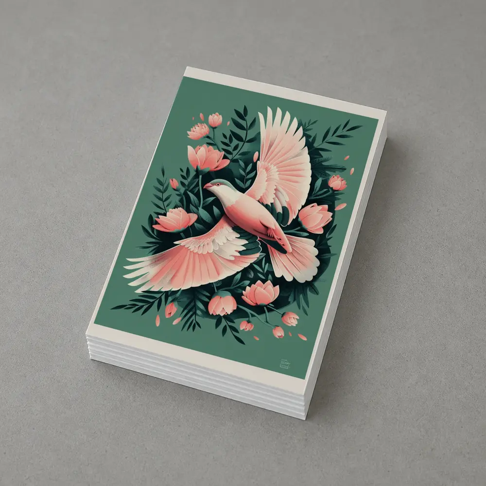 Pink Dove Flying Among Coral Flowers – Postcards