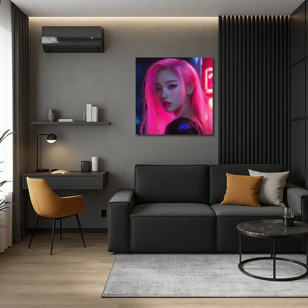 Pink Hair Girl Neon City Night Portrait – Wall Art