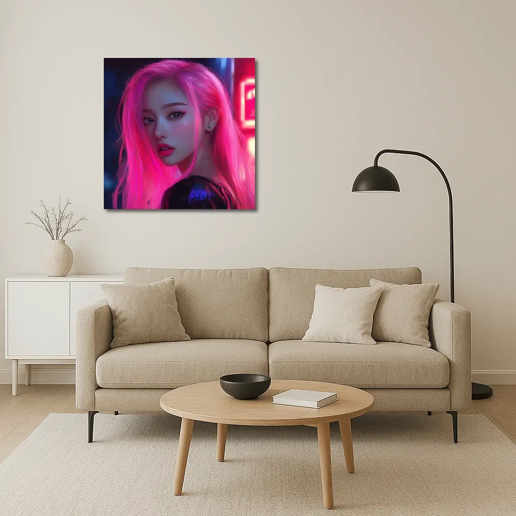 Pink Hair Girl Neon City Night Portrait – Wall Art