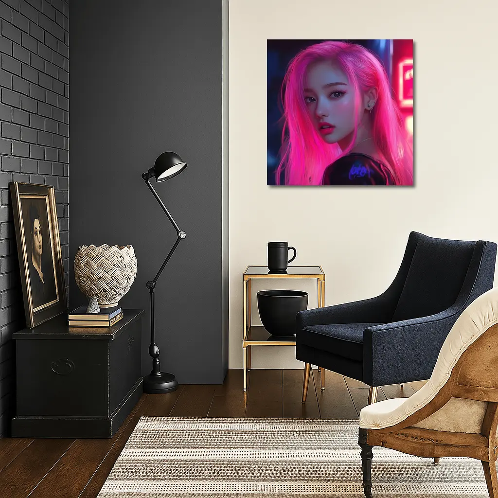 Pink Hair Girl Neon City Night Portrait – Wall Art