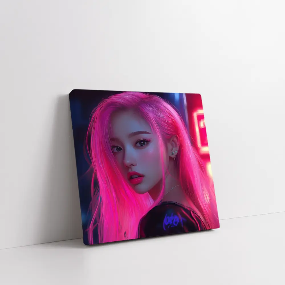 Pink Hair Girl Neon City Night Portrait – Wall Art