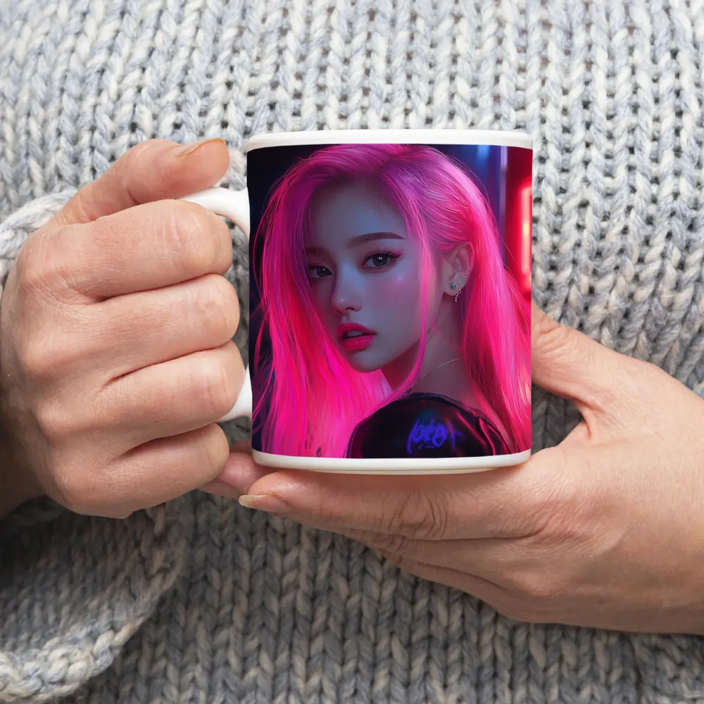 Pink Hair Girl Neon City Night Portrait – Mugs