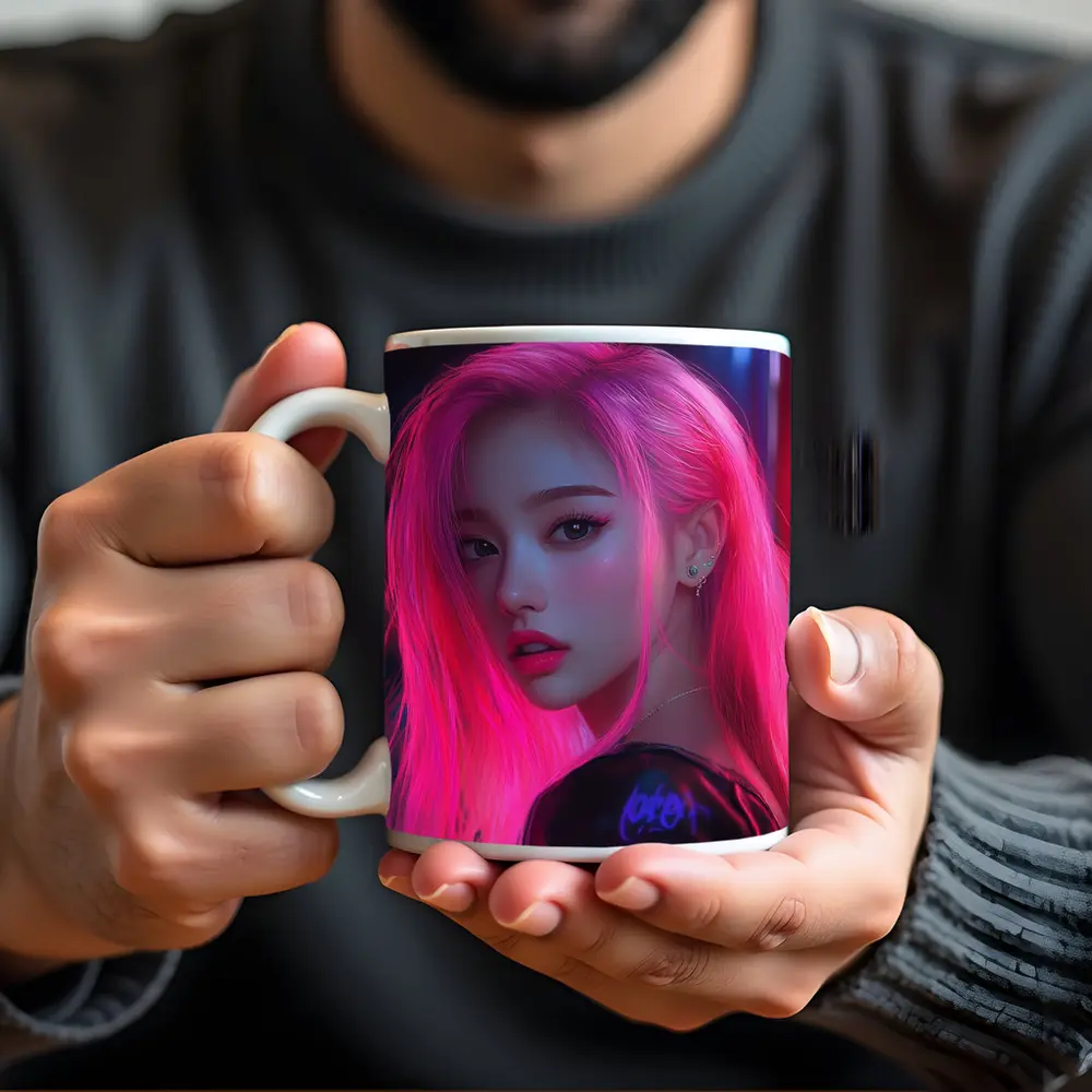 Pink Hair Girl Neon City Night Portrait – Mugs